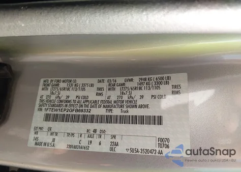 2016 Ford F-150 Xlt из США, поврежденный, VIN 1FTEW1EP2GFB69332